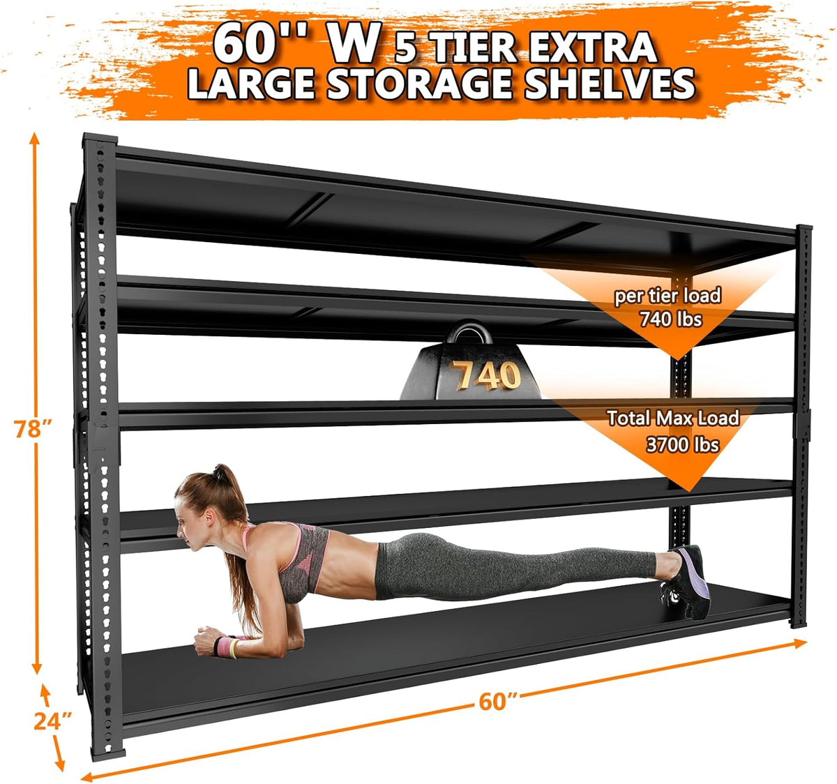 Storage Shelves Heavy Duty 3 PCS, 60" L x 24" W x 78" H Garage Storage Shelves Unit Loads 3700LBS, 5-Tier Adjustable Metal Industrial Utility Shelf Rack for Kitchen, Laundry Room, Warehouse, Basement