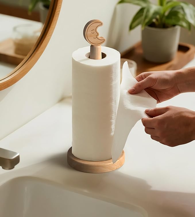 KitchLife Cute Wooden Paper Towel Holder Countertop - Solid Freestanding Paper Towel Dispenser Stand Organizer with Anti-Skid Base (Moon)