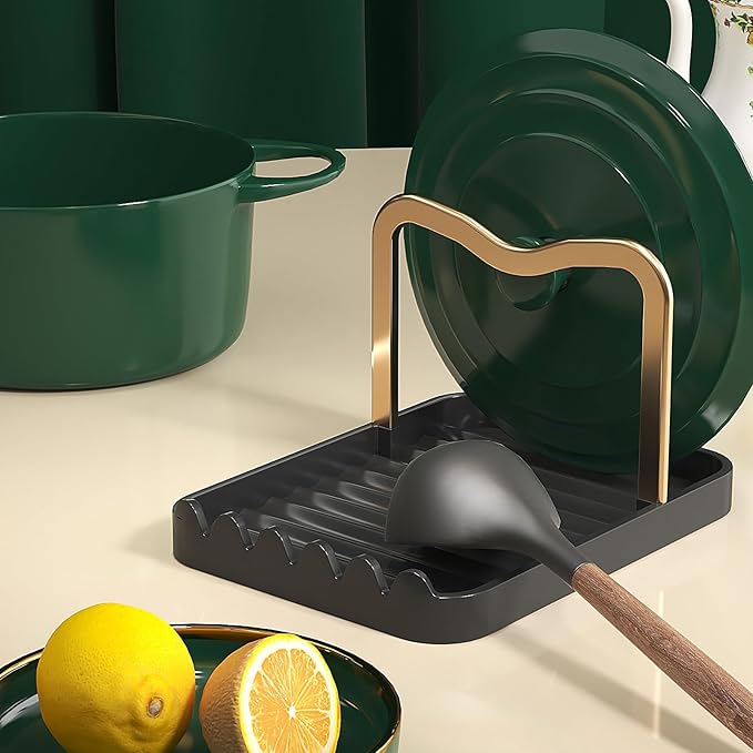 Stainless Steel Pot Lid Holder-Kitchen Organizer & Utensil Storage Rack with Detachable Drain Tray, Non-Slip Anti-Rust Countertop Space Saver for Spoons, Spatulas,Ladles,Tongs (Black Gold)