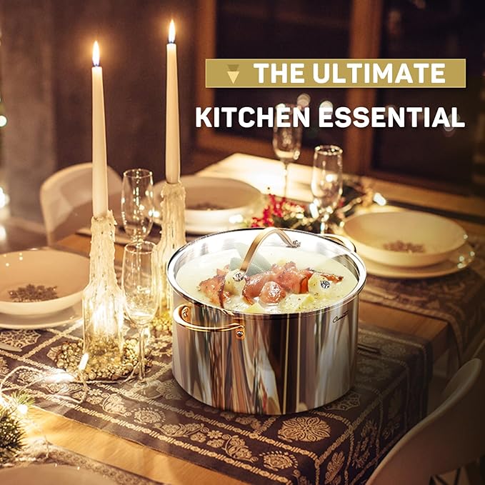 Ciwete Stock Pot 12 Quart, 18/10 Tri-Ply Stainless Steel Whole Clad Stock Pot with Lid, Seamless 12 QT Cooking Pot with Copper Handle, Healthy Stockpots, Induction, Gas, Oven and Dishwasher Safe