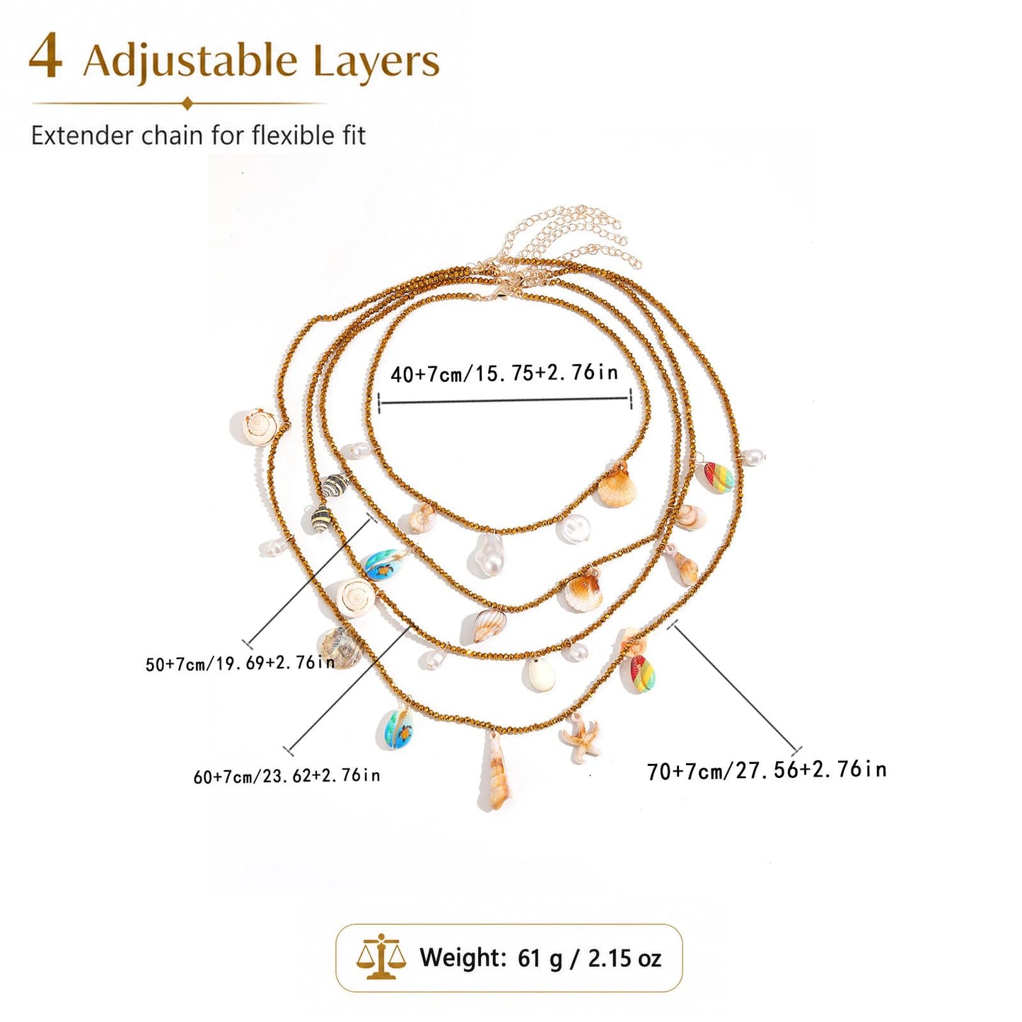 Boho Seashell Necklace For Women, Handmade Multi Layer Beaded Shell Starfish Conch Pearl Charm Pendant Necklaces Summer Beach Fashion Gifts Jewelry (4Pcs Gold)