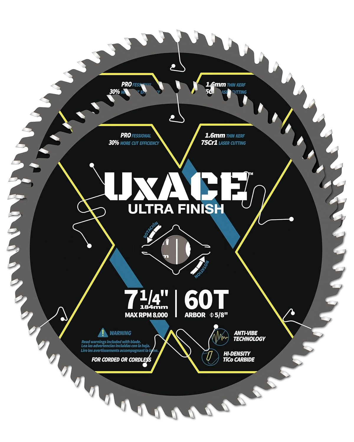 7-1/4-Inch 60-Tooth Circular Saw Blade with 5/8-Inch Arbor, Ultra Finish Wood Cutting, Carbide Tip, Thin Kerf, for Plywood, MDF, OSB, Laminated, 2 Pack