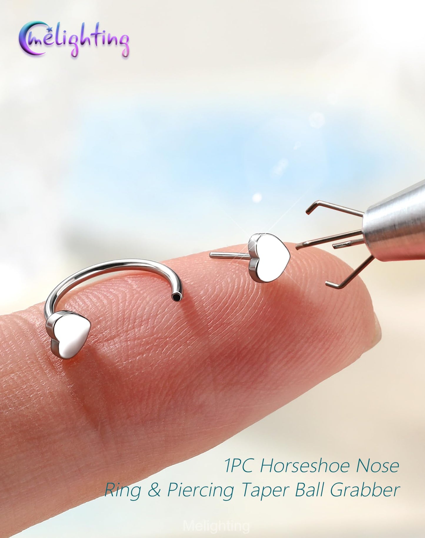 Melighting 20G Horseshoe Nose Rings Hoop, Threadless Nose Piercing with Piercing Taper Ball Grabber Tool 316L Stainless Steel, Heart Septum Lip Helix Rook Piercing Jewelry for Women 7 mm