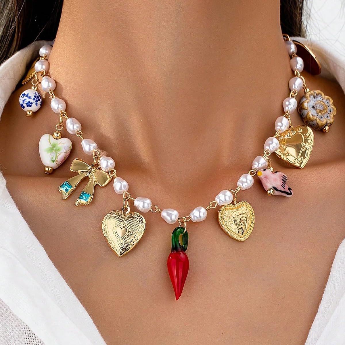 BlingNook Gold Charms Necklace For Women, Colorful Charm Beachy Fish Conch Seashell Heart Pepper Cool Ocean Layered Stackable Summer Holiday Jewelry (Conch)