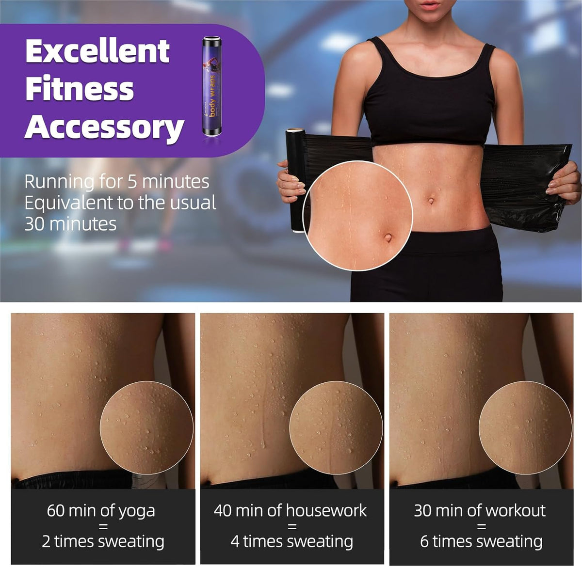 60 Meters Black Osmotic Plastic Body Wrap,Workout & Sweat Enhancer Stomach Film Body Applicator Power Wrap,DIY Sauna Wrap(2 Rolls)