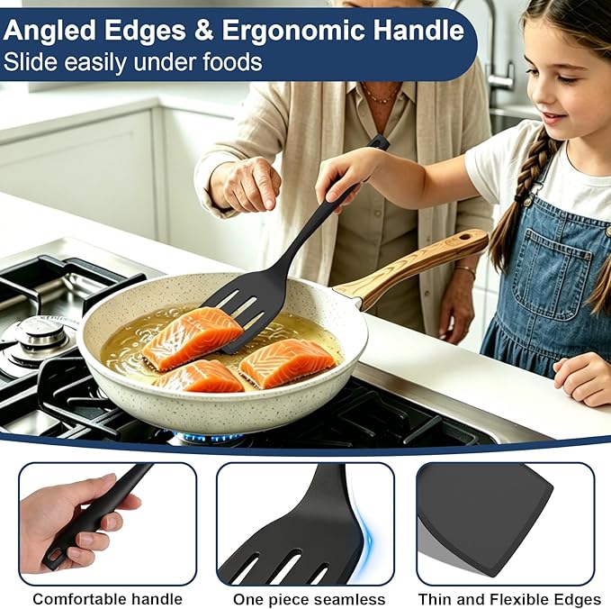 Silicone Spatula Turner, 600°F Heat Resistant Spatulas for Cooking, BPA Free, Flexible Rubber Kitchen Utensils Set Flipper for Eggs, Pancakes, Fish, Burgers, Dishwasher Safe (5 Pack, Black)