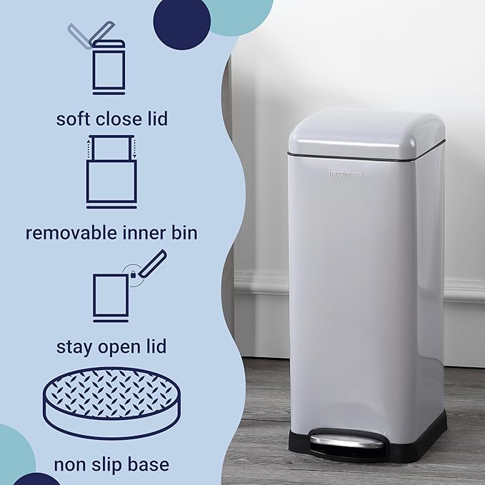 happimess HPM1007C Betty Retro 8-Gallon Step-Open Trash Can with Soft-Close Lid, Fingerprint Resistant, Modern, Minimalistic for Home, Kitchen, Laundry Room, Office, Bedroom, Bathroom, Gray