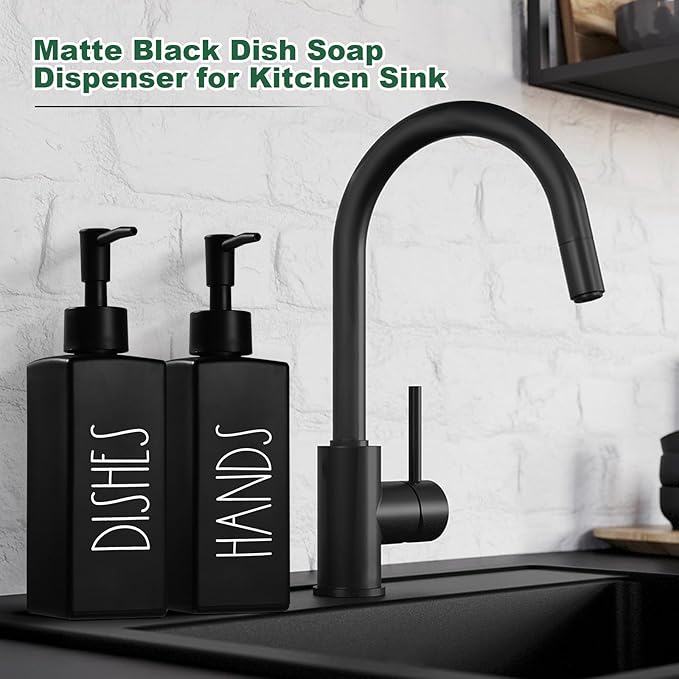 Hand and Dish Soap Dispenser Set, Matte Black Dish Dispenser Bottle for Kitchen, Glass Kitchen Soap Dispenser Set with Pump, Refillable Liquid Soap Bottle, Farmhouse Kitchen Decor, 12.3fl oz