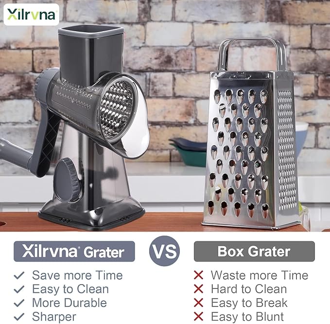 Rotary Cheese Grater with Handle Kitchen Shredder Slicer Grater Slicer Ice Shaver Cheese Vegetable Nuts Potato Zucchini Chocolate 3 Interchangeable Blades (Grey TSP)