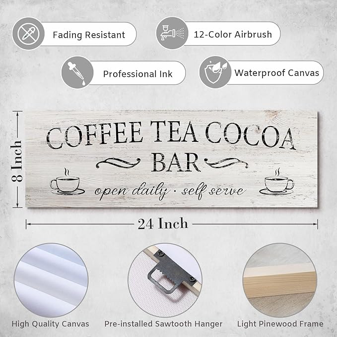 Coffee Tea Cocoa Bar Sign Decor Farmhouse Wall Plaque with Wood Grain Retro Cafe Canvas Prints for Bar Decor Open Daily Self Serve Kitchen Cafe Pub Nook Decoration Accessories 8"x24"