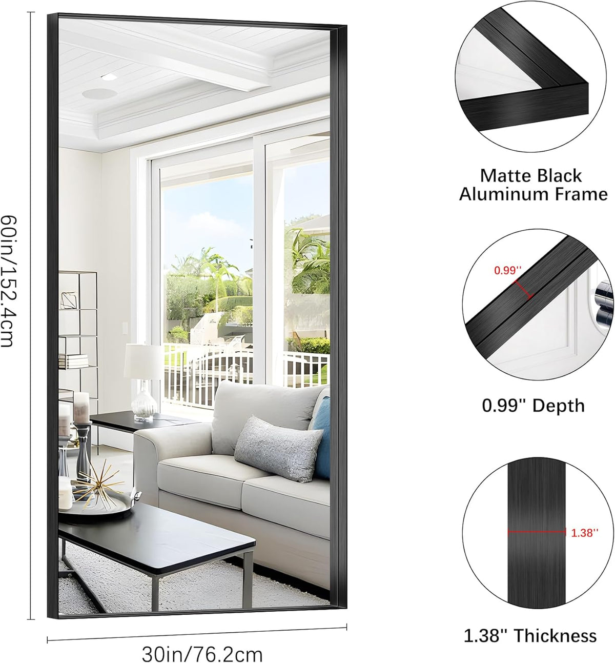 Black Bathroom Mirror, 30x60 Inch Rectangular Deep Frame Mirror, Large Wall Mounted Bathroom Vanity Mirror Over Sink for Bedroom,Restroom, Living Room, Hangs Vertically or Horizontally