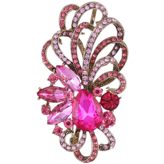 EVER FAITH Antique Gold-Tone Austrian Crystal Flower Ribbon Teardrop Brooch Pendant Pink