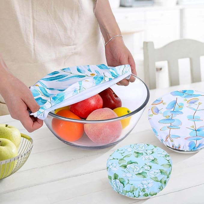 5 Pieces Bowl Covers Reusable, 5 Size Elastic Cloth Bowl Covers for Bread Proofing, Food Covers Washable for Food Fruits Leftover (Eucalyptus Leaves)