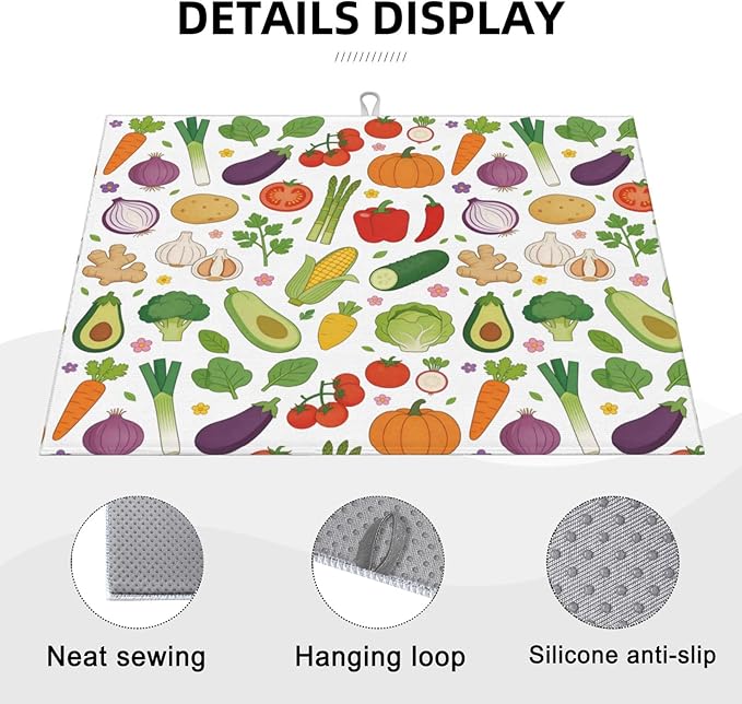 Vegetables Dish Drying Mat, for Farmhouse Kitchen Counter Microfiber Absorbent, Dish Draining Mat Extra Large 18"x24"