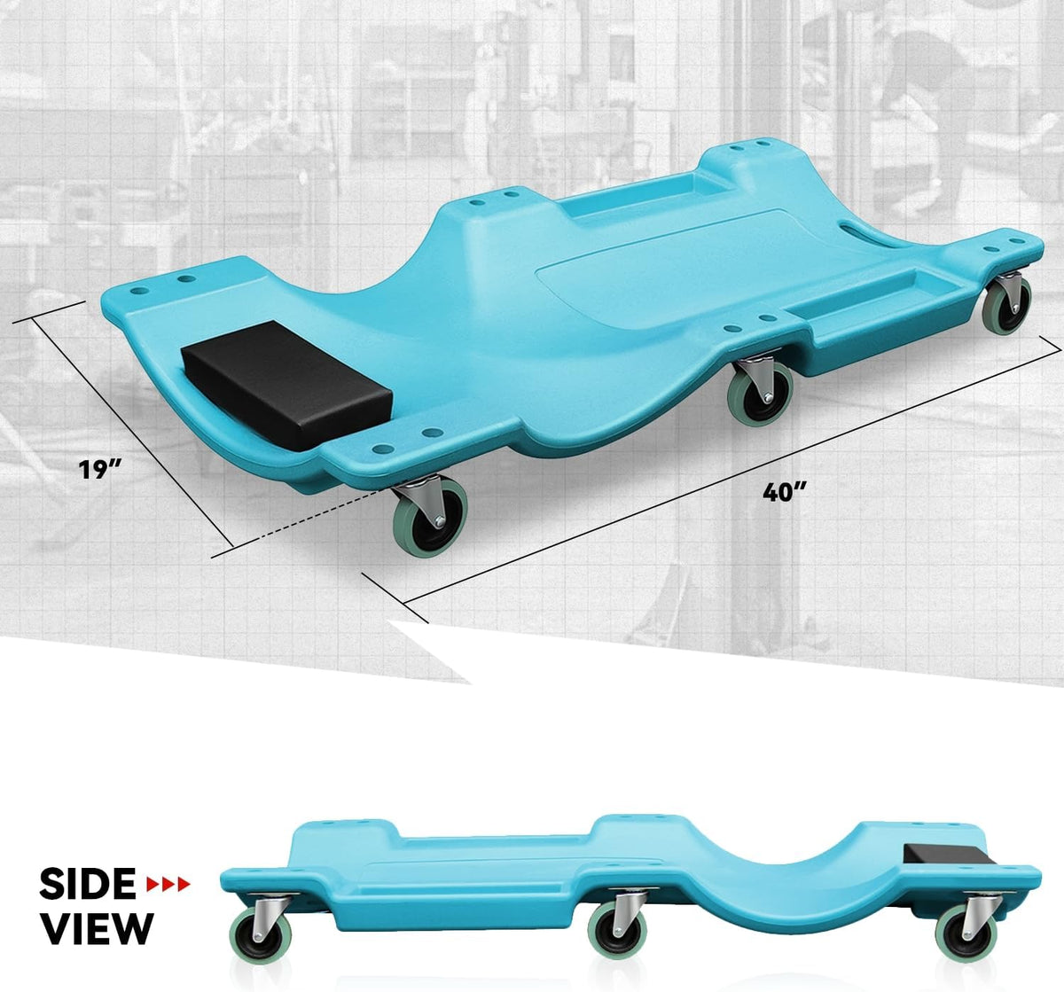 Auto Dynasty 40 Inches Mechanic Creeper, Automotive Garage Repair Low Profile Under Car Rolling Creeper with Padded Headrest, Plastic, Sky Blue