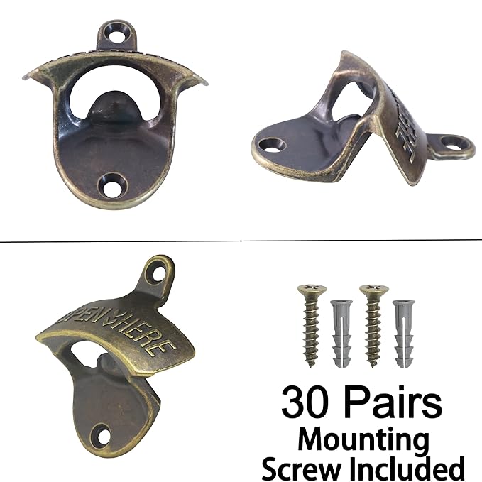 30 PCS Old Fashioned Beer Bottle Opener Wall Mounted Bulk, Antique Bronze Beer Top Opener Post Mounted, Prefect for KTV Hotels Bars DIY