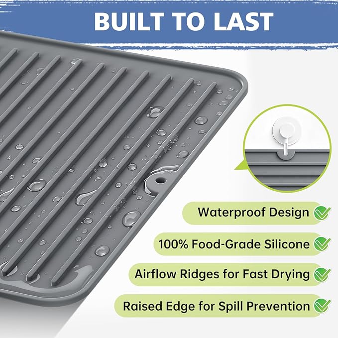 Songrey 16" x 6.5" Silicone Dish Drying Mat, Kitchen Counter Drying Pad for Sink Dishes or Under Rack, Multi-Use as Heat Resistant Trivet, Coffee Bar Mat
