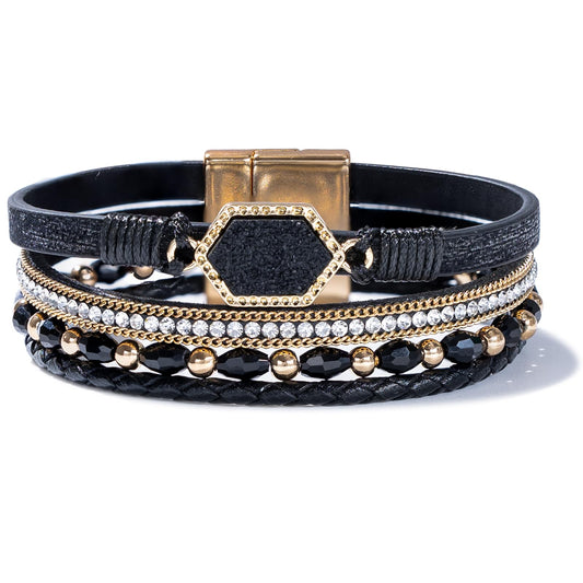 FANCY SHINY Crystal Beaded Leather Wrap Bracelet Stackable Boho Jewelry for Women Trendy Braided Resin Stone Bangle Cuff with Magnetic Clasp(Black)