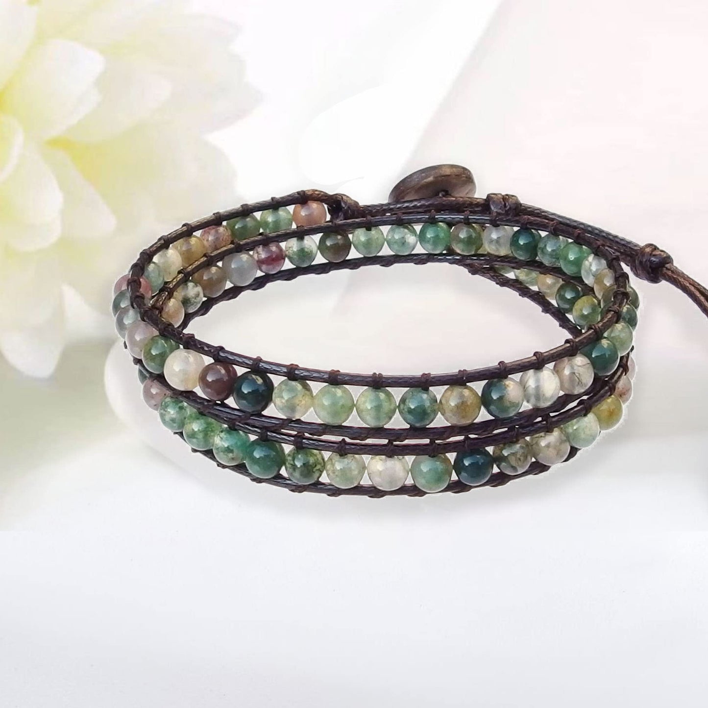 Ayriwoyi Moss Agate Wrap Bracelet for Women Indian Bracelets Leather Wrap Bracelets for Women Women’s Wrap Bracelet Handmade Jewelry Gifts for Women