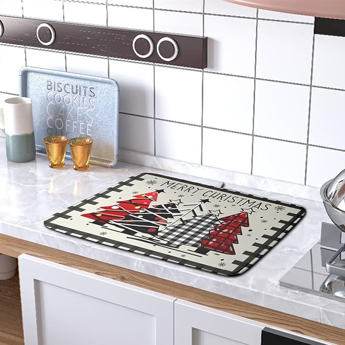 Christmas Trees Kitchen Dish Drying Mat 18x24 Inch Merry Christmas Black White Buffalo Plaid Dish Drainer Mat Absorbent Reversible Microfibe Drying Dish Pad for Winter Kitchen Counter Decor
