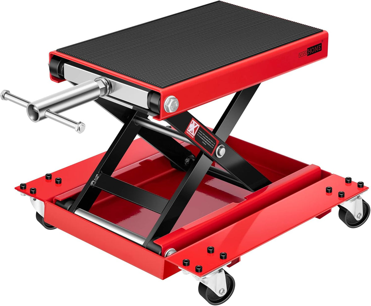 VIVOHOME 1100 Lbs Steel Wide Deck Motorcycle Lift ATV Scissor Lift Jack with Dolly and Hand Crank Bikes Garage Repair Hoist Stand Red