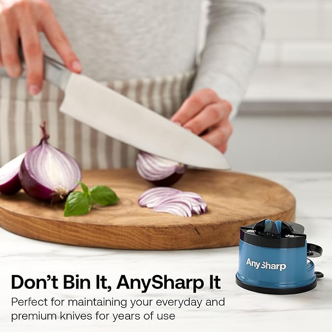 AnySharp – Global – Hands Free Knife Sharpener - Easy to Use Sharpening Tool with PowerGrip Suction Base and 20-Degree Pre-Set Angle - for All Knives: Chef's, Serrated, and Hardened Steel - Blue