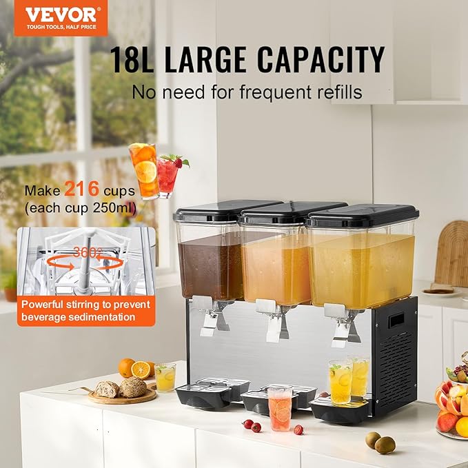 VEVOR Commercial Beverage Dispenser, 3 Tanks 18 L / 19 QT Per Tank Juice Dispenser, 512W Stainless Steel Ice Tea Drink Machine with 45°F-54°F Cooling Temperature, for Cold Drink Restaurant Bar Party