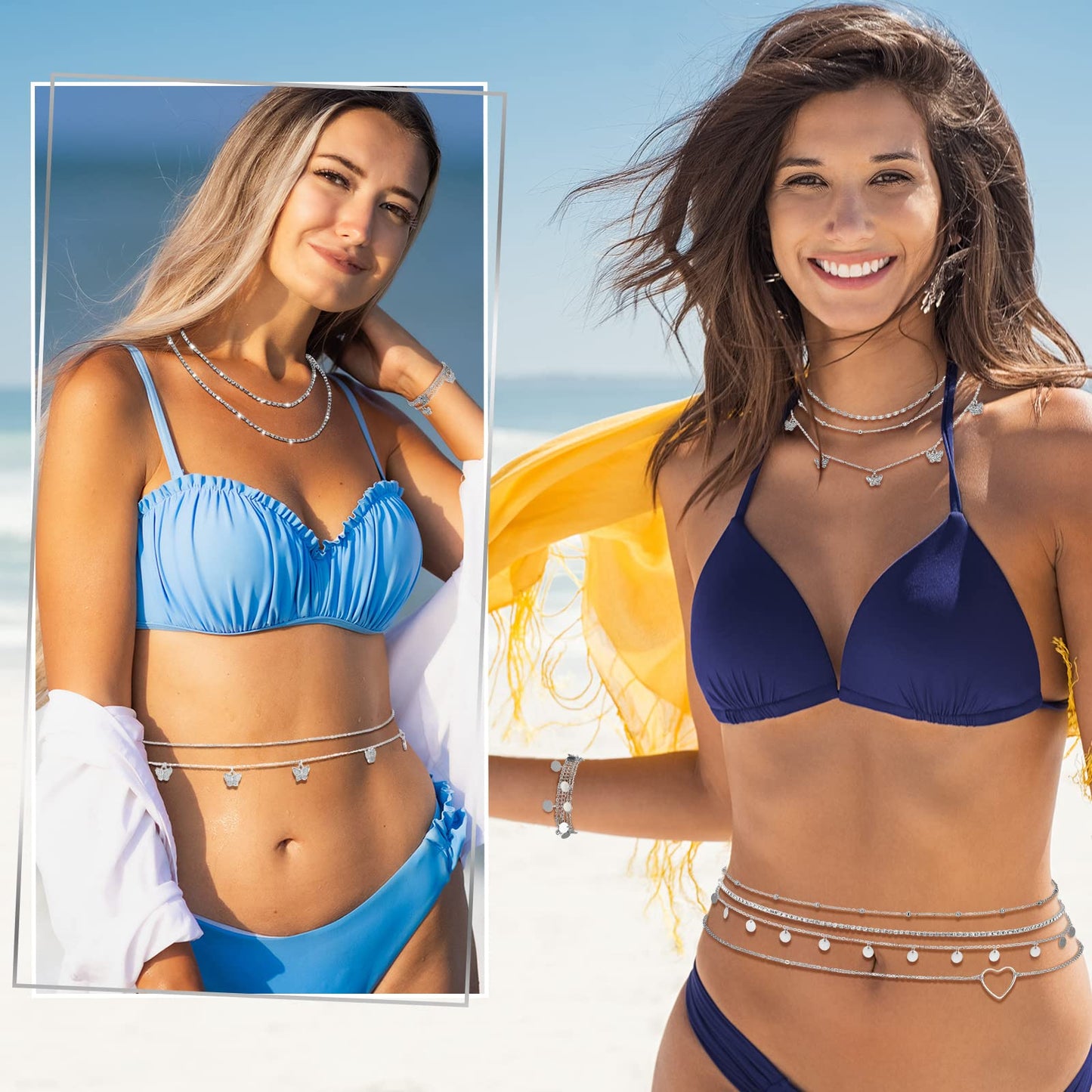 Lenwen 10 Pcs Summer Beach Belly Chain Adjustable Waist Multi Layered Chain Waist Jewelry for Women Girls Multilayer Body(Stylish Style,Silver)