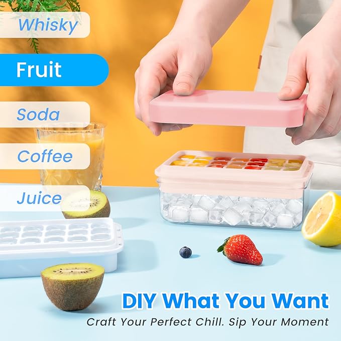 PHINOX Ice Cube Tray with Lid and Bin, 3 Pack Plastic Ice Cube Tray Molds, 84 pcs Ice Trays for freezer, Chilling Drinks, Whiskey & Cocktails, with Ice Container and Ice Scoop, BPA-Free