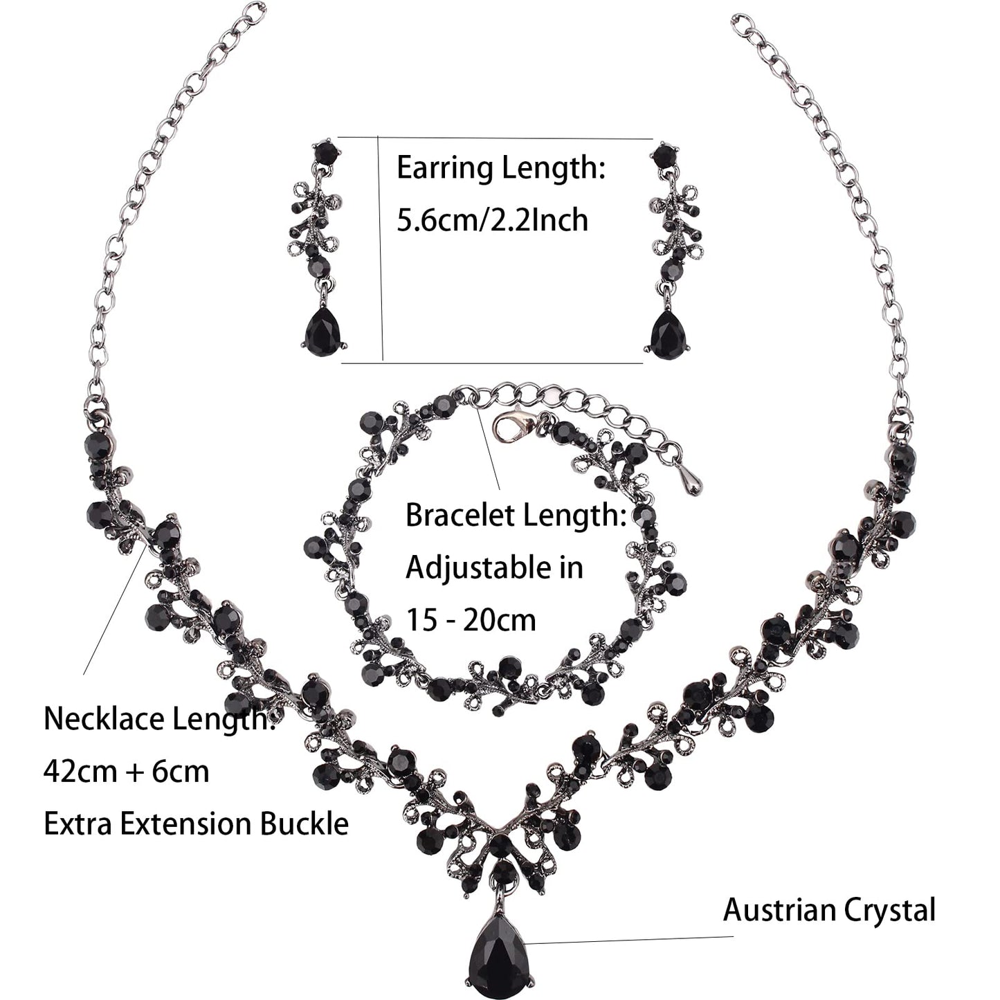 3Pcs Austrian Crystal Jewelry Set for Women, Necklace Dangle Earrings Link Bracelet Jewelry Set with Gold/Platinum/Gun Plated, Wedding Party Jewelry for Bridal Bridesmaid (Black-Gun Black)