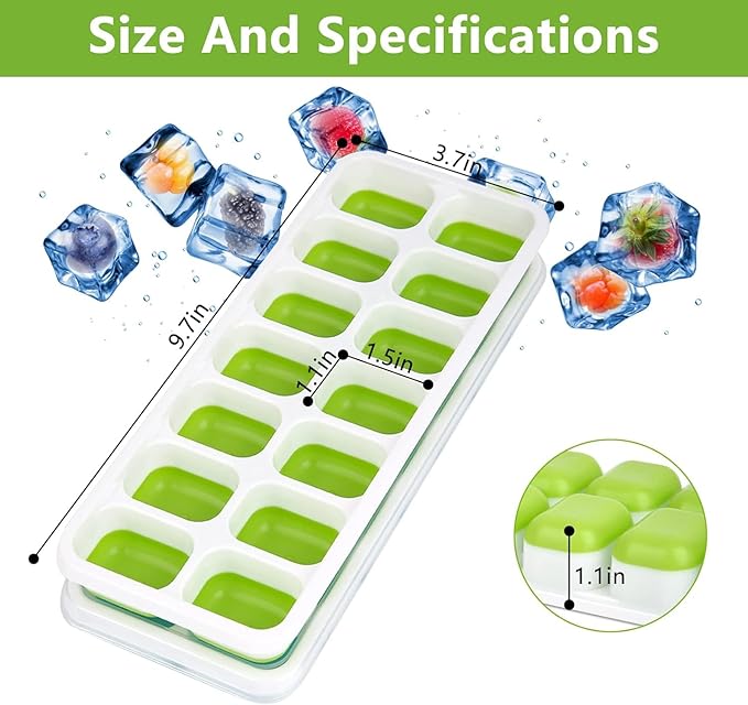 Ice Cube Trays, Silicone Easy-Release and Flexible 14-Ice Trays with Spill-Resistant Removable Lid, BPA Free, Durable and Dishwasher Safe, 2 Pack