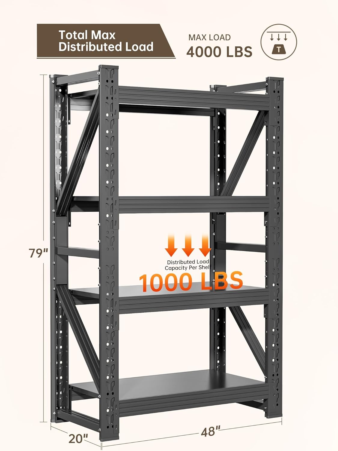4-Tier Storage Shelves,79" H Heavy-Duty Garage Shelving Unit,Adjustable Industrial Metal Shelf System,4,000lbs Capacity,Tool Organizer for Garage,Workshop,48" W*20" D*79" H,Black