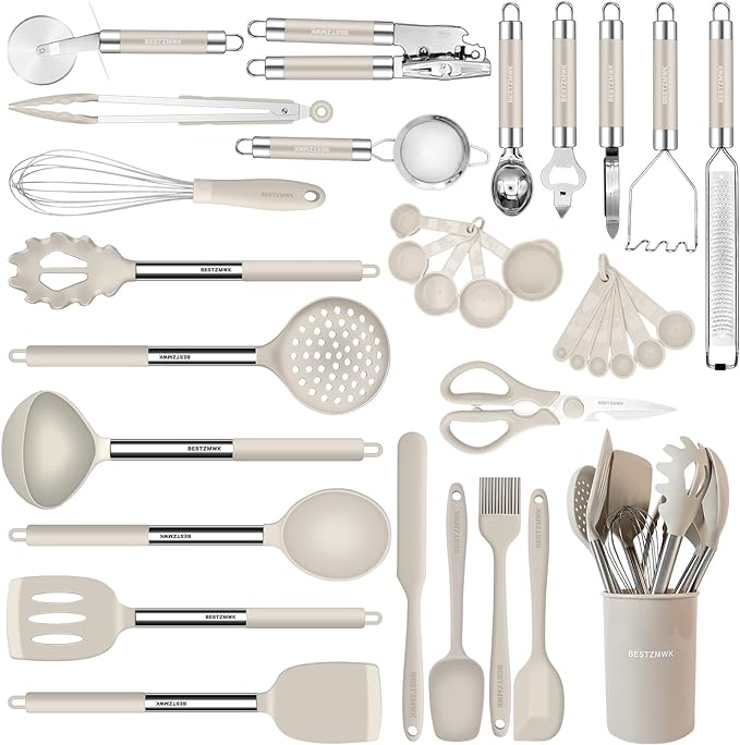 Kitchen Utensils Set-Silicone Cooking Utensils-33pcs Non-Stick Silicone Cooking Kitchen Utensils Spatula Set with Holder-Best Kitchen Cookware with Stainless Steel Handle (Khaki)