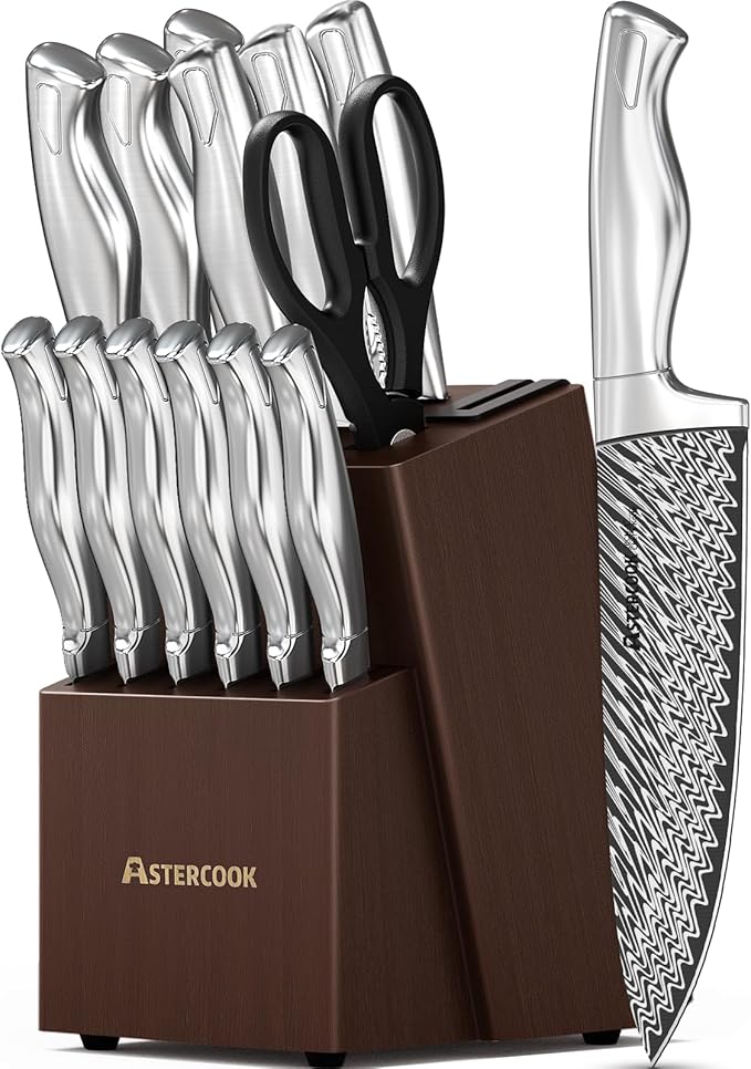 Knife Set, Astercook 15 Pieces Kitchen Knife Set with Built-in Sharpener, German Stainless Steel Knife Block Set, Razor-Sharp Knives with Full-tang Handle, Dishwasher Safe, Mothers Day Gifts