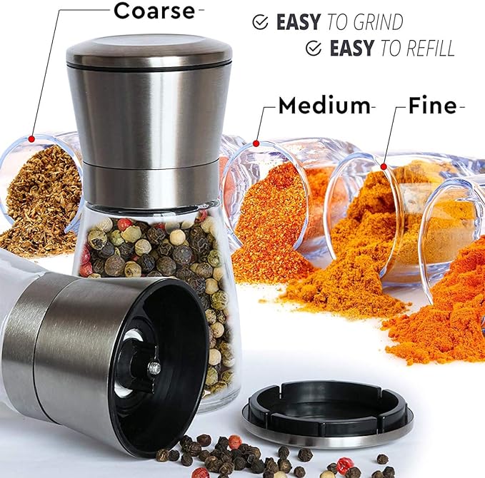Premium Stainless Steel Salt and Pepper Grinder Set - Short Glass Shaker, Pepper Mill & Salt Mill with Adjustable Coarseness, Refillable for Himalayan or Sea Salt, Black Peppercorn, with Bonus Stand