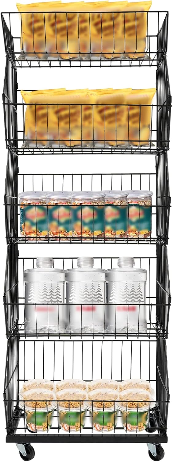 Retail Display Rack 5-Tier Market Merchandise Display Shelf Fruit Storage Shelf Vegetable Snack Basket Retail Store Supplies with Wheels for Home Store Market (18" D X 19" W X 55" H- Black)