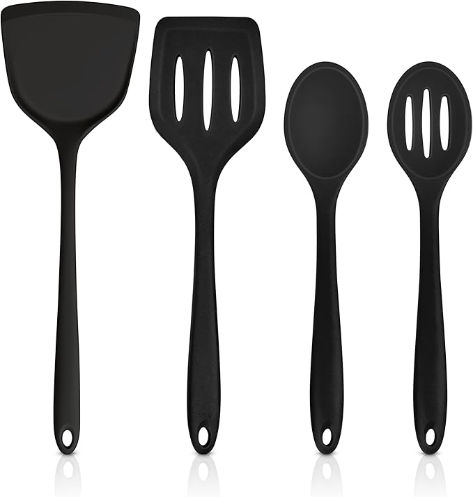 TeamFar Silicone Cooking Utensils, 4pcs Kitchen Utensils Set with Silicone Spatulas & Spoons, Heat-Resistant Solid & Slotted Cooking Spoons Turners for Non-stick Cookware, Dishwasher Safe, Black