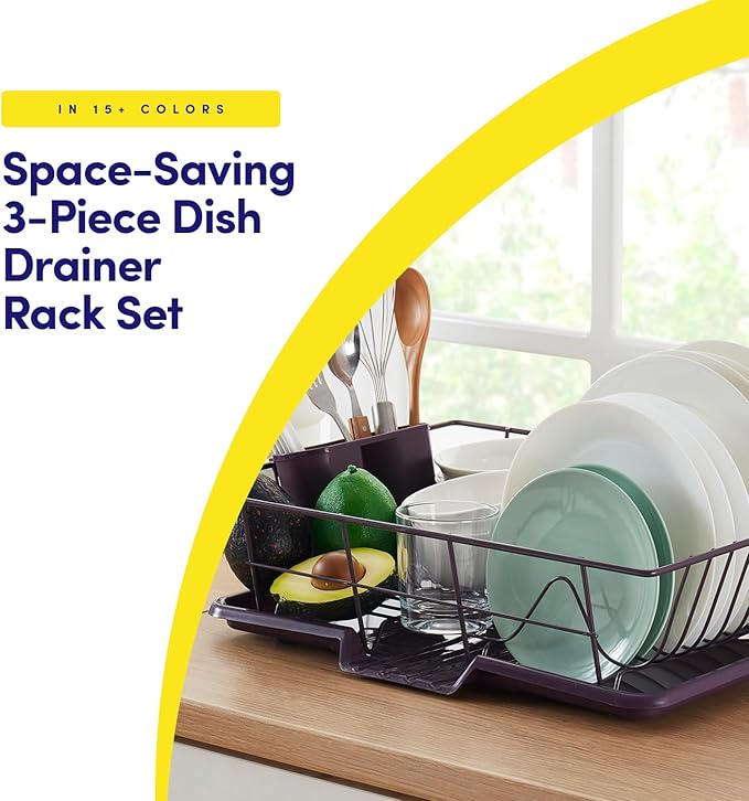 Space-Saving 3-Piece Dish Drainer Rack Set: Efficient Kitchen Organizer for Quick Drying and Storage - Includes Cutlery Holder and Drainboard - Maximize Countertop Space, Eggplant Purple