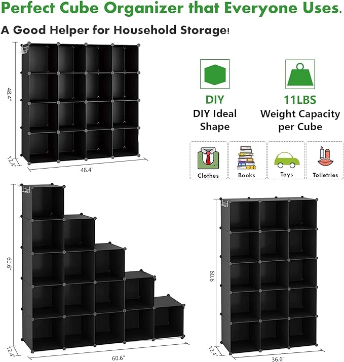 C&AHOME Cube Storage Organizer, 16-Cube Shelves Units, Plastic Storage Cubes, DIY Closet Organizer, Modular Closet Storage Shelves Ideal for Home, Bedroom, 48.4" L × 12.4" W × 48.4" H Black SUM3016H