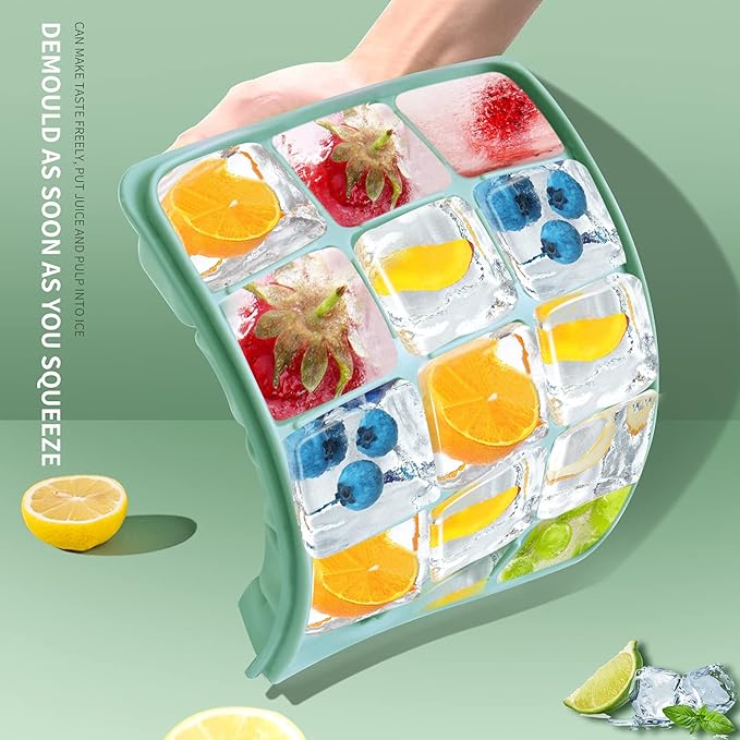 Ice Cube Trays Set of 2, Easy Release 15 Flexible Silicone Ice Cube Molds with Removable Lid Reusable Freezer Ice Trays Stackable for Whiskey, Baby Food, BPA Free (GREEN+GRAY)