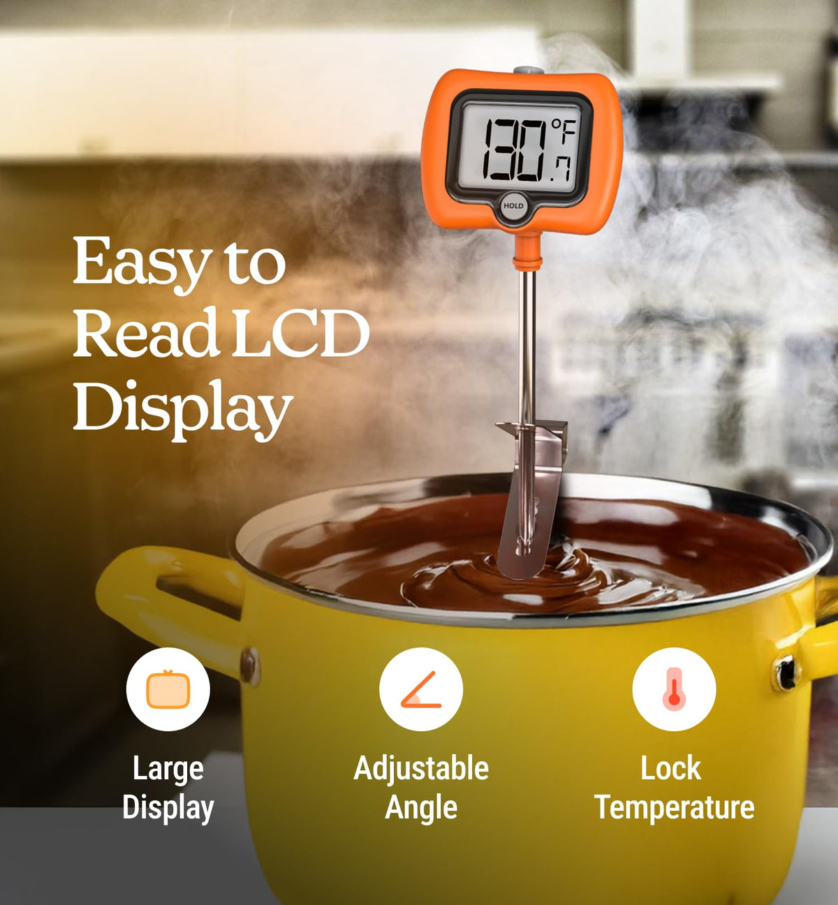 Digital Candy Thermometer with Pot Clip, Instant Read Kitchen Thermometer for Cooking, Baking, and Candy Making – 10" Stainless Steel Probe, LCD Display, Essential Baking Tool