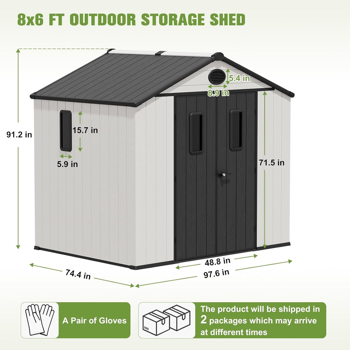 COOS BAY Resin Outdoor Storage Shed with Lockable Double Doors, Heavy-Duty Floor, All-Weather Garden Shed for Tools & Equipment, 8x6 ft, White/Gray