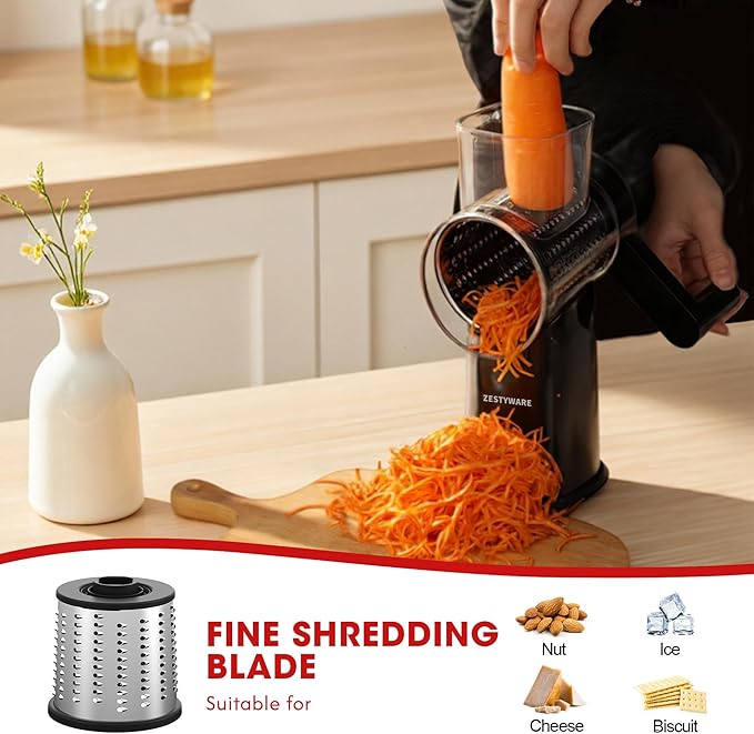 Rotary Cheese Grater Hand Crank with Foldable Handle, 3 Stainless Steel Blades, Perfect Graters for Kitchen, Manual Cheese Shredder Hand Crank with Suction Base, Rotary Grader, (Black)