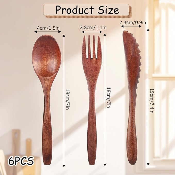 6 Pcs Wooden Utensils for Eating, Wooden Spoon Fork Cutlery Set Kitchen Wood Dinner Flatware Tableware Reusable Wood Spoon, Wooden Forks,Wooden Scraper for Travel and Camping