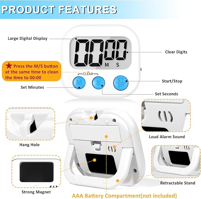 ZILLEEN Classroom Timer for Kids Teachers Digital Timers, Black White 6 Pack