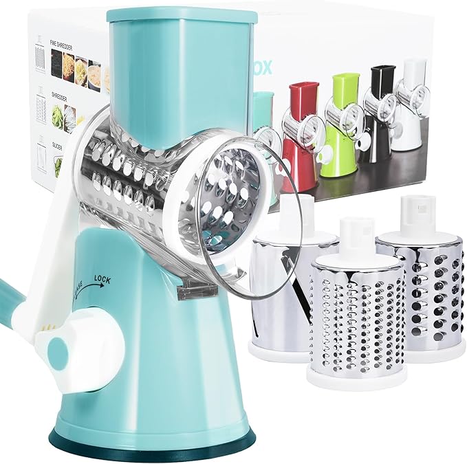 Rotary Cheese Grater, Cheese Grater Hand Crank with 3 Interchangeable Blades, Manual Cheese Shredder with Strong Suction Base, Easy to Use and Clean, Blue