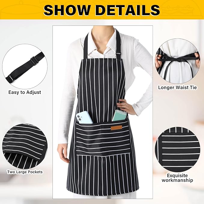 Handepo 4 Pcs Kitchen Aprons with Pockets Adjustable Waterproof Cotton Aprons Striped Apron for Women Men Chef Mother Gift
