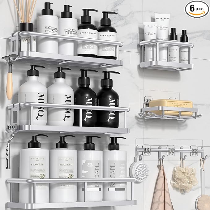 YASONIC Shower Caddy, Large Capacity Bath Organizer with Soap Holder and 12 Hooks, 6 Pack Rustproof Bathroom Shelves for Inside Shower, No Drilling&Sleek Bathroom Organizers and Storage Silver