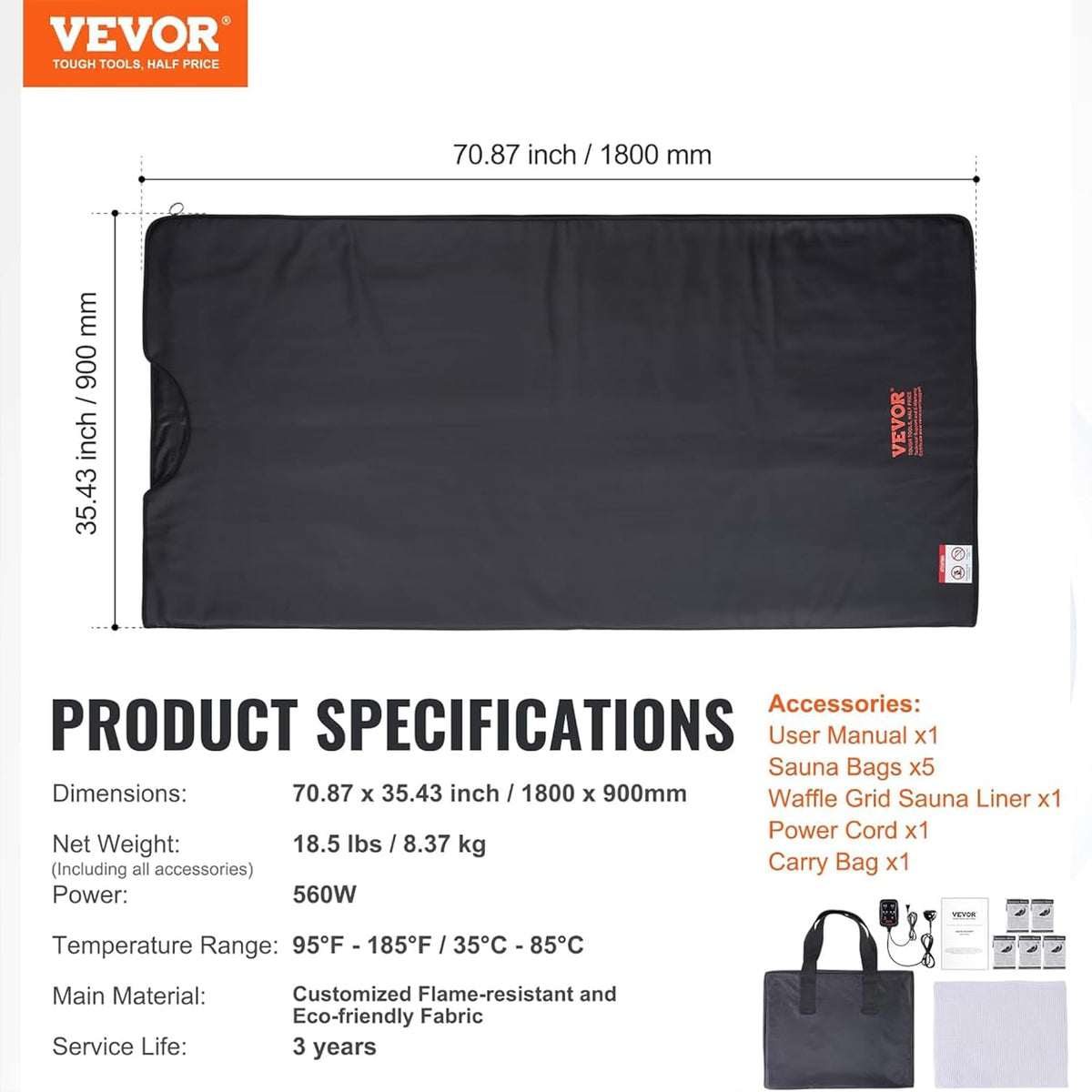 VEVOR Far Infrared Carbon Heating Sauna Blanket for Detoxification and Home Relaxation, Portable with 1-6 Level Adjustable Temperature Range (95-185℉) and 1-60 Minutes Timer