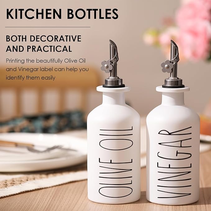 HOMCDALY Premium Olive Oil Dispenser for Kitchen, 11.8oz Glass Oil Bottles with Bamboo Tray, White Oil&Vinegar Cruet Set, Kitchen Dispenser Bottles with Pourer| Set of 2 (11.8oz –P–White)